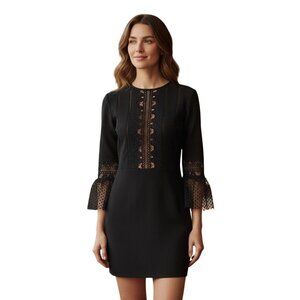 Self Portrait Bell Sleeve Ponte Lace Trim Shift Dress black - Size 2